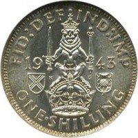 United Kingdom coin 1 Shilling - George VI - Scottish crest; With IND:IMP (1937 - 1946) reverse reverse of 1 Shilling - George VI - Scottish crest; With IND:IMP (1937 - 1946) coin with KM# 854 from United Kingdom. Inscription: FID:DEF IND:IMP 19 43 ONE · SHILLING
