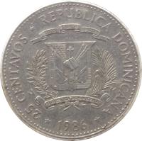 obverse of 25 Centavos - Human Rights (1983 - 1987) coin with KM# 61 from Dominican Republic. Inscription: * 25 CENTAVOS * REPUBLICA DOMINICANA * DIOS PATRIA LIBERTAD REPUBLICA DOMINICANA 1986