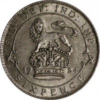 reverse of 6 Pence - George V (1920 - 1926) coin with KM# 815a from United Kingdom. Inscription: FID:DEF:IND:IMP: 19 24 SIX PENCE
