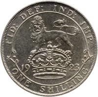 reverse of 1 Shilling - George V (1920 - 1926) coin with KM# 816a from United Kingdom. Inscription: FID:DEF:IND:IMP: 19 24 ONE SHILLING