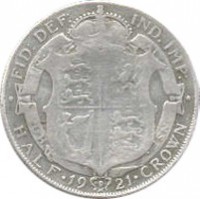 United Kingdom coin 1/2 Crown - George V (1920 - 1926) reverse reverse of 1/2 Crown - George V (1920 - 1926) coin with KM# 818a from United Kingdom. Inscription: HONI SOIT · QVI MAL · Y PENSE · · FID: DEF: IND: IMP: · HALF · 19 21 · CROWN