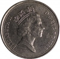 obverse of 5 Pence - Elizabeth II - Larger; 3'rd Portrait (1985 - 1990) coin with KM# 937 from United Kingdom. Inscription: ELIZABETH II D · G · REG · F · D · 1985