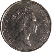 United Kingdom coin 5 Pence - Elizabeth II - Larger; 3'rd Portrait (1985 - 1990) obverse obverse of 5 Pence - Elizabeth II - Larger; 3'rd Portrait (1985 - 1990) coin with KM# 937 from United Kingdom. Inscription: ELIZABETH II D · G · REG · F · D · 1985