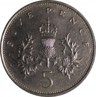 United Kingdom coin 5 Pence - Elizabeth II - Larger; 3'rd Portrait (1985 - 1990) reverse reverse of 5 Pence - Elizabeth II - Larger; 3'rd Portrait (1985 - 1990) coin with KM# 937 from United Kingdom. Inscription: FIVE PENCE 5