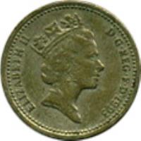 obverse of 1 Pound - Elizabeth II - British Royal Arms - 3'rd Portrait (1993) coin with KM# 964 from United Kingdom. Inscription: ELIZABETH II D · G · REG · F · D · 1993 RDM
