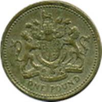 reverse of 1 Pound - Elizabeth II - British Royal Arms - 3'rd Portrait (1993) coin with KM# 964 from United Kingdom. Inscription: ONE POUND HONI SOIT QUI MAL Y PENSE DIEU ET MON DROIT