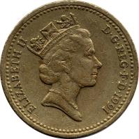 obverse of 1 Pound - Elizabeth II - Northern Irish Flax - 3'rd Portrait (1986 - 1991) coin with KM# 946 from United Kingdom. Inscription: ELIZABETH II D · G · REG · F · D · 1991 RDM