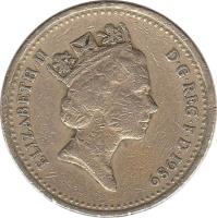 obverse of 1 Pound - Elizabeth II - Scottish Thistle - 3'rd Portrait (1989) coin with KM# 959 from United Kingdom. Inscription: ELIZABETH II D · G · REG · F · D · 1989 RDM