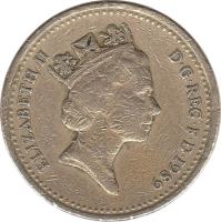 United Kingdom coin 1 Pound - Elizabeth II - Scottish Thistle - 3'rd Portrait (1989) obverse obverse of 1 Pound - Elizabeth II - Scottish Thistle - 3'rd Portrait (1989) coin with KM# 959 from United Kingdom. Inscription: ELIZABETH II D · G · REG · F · D · 1989 RDM