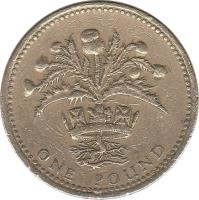 United Kingdom coin 1 Pound - Elizabeth II - Scottish Thistle - 3'rd Portrait (1989) reverse reverse of 1 Pound - Elizabeth II - Scottish Thistle - 3'rd Portrait (1989) coin with KM# 959 from United Kingdom. Inscription: ONE POUND