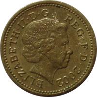 obverse of 1 Pound - Elizabeth II - Three Lions - 4'th Portrait (2002) coin with KM# 1030 from United Kingdom. Inscription: ELIZABETH · II · D · G REG · F · D · 2002 IRB