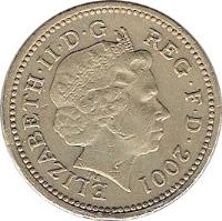 United Kingdom coin 1 Pound - Elizabeth II - Celtic Cross - 4'th Portrait (2001) obverse obverse of 1 Pound - Elizabeth II - Celtic Cross - 4'th Portrait (2001) coin with KM# 1013 from United Kingdom. Inscription: ELIZABETH · II · D · G REG · F · D · 2001 IRB