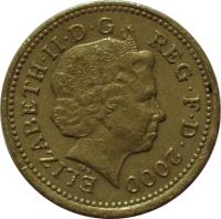 obverse of 1 Pound - Elizabeth II - Welsh Dragon - 4'th Portrait (2000) coin with KM# 1005 from United Kingdom. Inscription: ELIZABETH · II · D · G REG · F · D · 2000 IRB