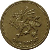 reverse of 1 Pound - Elizabeth II - Welsh Dragon - 4'th Portrait (2000) coin with KM# 1005 from United Kingdom. Inscription: ONE POUND