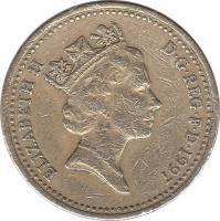 obverse of 1 Pound - Elizabeth II - Three Lions - 3'rd Portrait (1997) coin with KM# 975 from United Kingdom. Inscription: ELIZABETH II D · G · REG · F · D · 1997 RDM