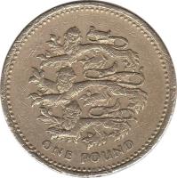 United Kingdom coin 1 Pound - Elizabeth II - Three Lions - 3'rd Portrait (1997) reverse reverse of 1 Pound - Elizabeth II - Three Lions - 3'rd Portrait (1997) coin with KM# 975 from United Kingdom. Inscription: ONE POUND