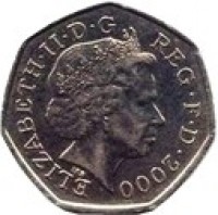 United Kingdom coin 50 Pence - Elizabeth II - Public Libraries - 4'th Portrait (2000) obverse obverse of 50 Pence - Elizabeth II - Public Libraries - 4'th Portrait (2000) coin with KM# 1004 from United Kingdom. Inscription: ELIZABETH · II · D · G REG · F · D · 2000 IRB
