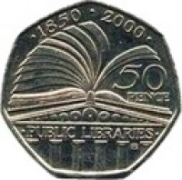 United Kingdom coin 50 Pence - Elizabeth II - Public Libraries - 4'th Portrait (2000) reverse reverse of 50 Pence - Elizabeth II - Public Libraries - 4'th Portrait (2000) coin with KM# 1004 from United Kingdom. Inscription: · 1850 · 2000 · 50 PENCE · PUBLIC LIBRARIES · ®