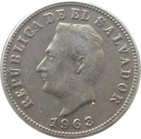 obverse of 5 Centavos (1939 - 1974) coin with KM# 134 from El Salvador. Inscription: REPUBLICA EL SALVADOR 1967