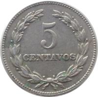 reverse of 5 Centavos (1939 - 1974) coin with KM# 134 from El Salvador. Inscription: 5 CENTAVOS