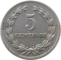 El Salvador coin 5 Centavos (1939 - 1974) reverse reverse of 5 Centavos (1939 - 1974) coin with KM# 134 from El Salvador. Inscription: 5 CENTAVOS