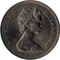 United Kingdom coin 25 New Pence - Elizabeth II - Silver Wedding - 2'nd Portrait (1972) obverse obverse of 25 New Pence - Elizabeth II - Silver Wedding - 2'nd Portrait (1972) coin with KM# 917 from United Kingdom. Inscription: D · G · REG · F · D · ELIZABETH II