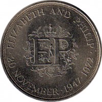 United Kingdom coin 25 New Pence - Elizabeth II - Silver Wedding - 2'nd Portrait (1972) reverse reverse of 25 New Pence - Elizabeth II - Silver Wedding - 2'nd Portrait (1972) coin with KM# 917 from United Kingdom. Inscription: · ELIZABETH AND PHILIP · EP 20 NOVEMBER · 1947-1972