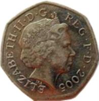 obverse of 50 Pence - Elizabeth II - Johnson's Dictionary - 4'th Portrait (2005) coin with KM# 1050 from United Kingdom. Inscription: ELIZABETH · II · D · G REG · F · D · 2005 IRB