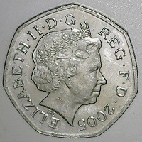 United Kingdom coin 50 Pence - Elizabeth II - Johnson's Dictionary - 4'th Portrait (2005) obverse obverse of 50 Pence - Elizabeth II - Johnson's Dictionary - 4'th Portrait (2005) coin with KM# 1050 from United Kingdom. Inscription: ELIZABETH · II · D · G REG · F · D · 2005 IRB