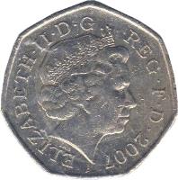 United Kingdom coin 50 Pence - Elizabeth II - Scouting Movement - 4'th Portrait (2007) obverse obverse of 50 Pence - Elizabeth II - Scouting Movement - 4'th Portrait (2007) coin with KM# 1073 from United Kingdom. Inscription: ELIZABETH · II · D · G REG · F · D · 2007 IRB