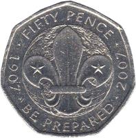 United Kingdom coin 50 Pence - Elizabeth II - Scouting Movement - 4'th Portrait (2007) reverse reverse of 50 Pence - Elizabeth II - Scouting Movement - 4'th Portrait (2007) coin with KM# 1073 from United Kingdom. Inscription: * FIFTY PENCE * 1907 * BE PREPARED * 2007 K