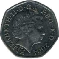 obverse of 50 Pence - Elizabeth II - Four Minute Mile - 4'th Portrait (2004) coin with KM# 1047 from United Kingdom. Inscription: ELIZABETH · II · D · G · REG · F · D · 2004 IRB