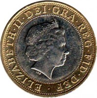 obverse of 2 Pounds - Elizabeth II - St. Pauls Cathedral - 4'th Portrait (2005) coin with KM# 1056 from United Kingdom. Inscription: ELIZABETH · II · DEI · GRA · REG · FID · DEF · IRB