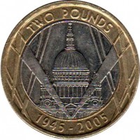 United Kingdom coin 2 Pounds - Elizabeth II - St. Pauls Cathedral - 4'th Portrait (2005) reverse reverse of 2 Pounds - Elizabeth II - St. Pauls Cathedral - 4'th Portrait (2005) coin with KM# 1056 from United Kingdom. Inscription: TWO POUNDS 1945-2005