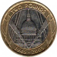 reverse of 2 Pounds - Elizabeth II - St. Pauls Cathedral - 4'th Portrait (2005) coin with KM# 1056 from United Kingdom. Inscription: TWO POUNDS 1945-2005