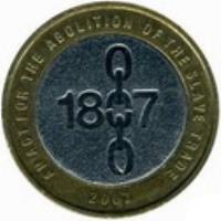 United Kingdom coin 2 Pounds - Elizabeth II - Abolition of Slave Trade - 4'th Portrait (2007) reverse reverse of 2 Pounds - Elizabeth II - Abolition of Slave Trade - 4'th Portrait (2007) coin with KM# 1075 from United Kingdom. Inscription: AN ACT FOR THE ABOLITION OF THE SLAVE TRADE 1807 2007