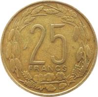 Equatorial African States coin 25 Francs (1970 - 1972) reverse reverse of 25 Francs (1970 - 1972) coin with KM# 4a from Equatorial African States. Inscription: 25 FRANCS