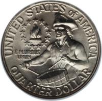 reverse of 1/4 Dollar - Bicentennial - Washington Quarter (1976) coin with KM# 204 from United States. Inscription: UNITED STATES OF AMERICA E PLURIBUS UNUM QUARTER DOLLAR