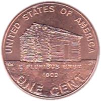 reverse of 1 Cent - Early Childhood - Lincoln Penny (2009) coin with KM# 441 from United States. Inscription: UNITED STATES OF AMERICA RM JL E PLURIBUS UNUM 1809 ONE CENT