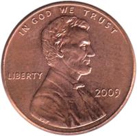 United States coin 1 Cent - Professional Life - Lincoln Penny (2009) obverse obverse of 1 Cent - Professional Life - Lincoln Penny (2009) coin with KM# 443 from United States. Inscription: IN GOD WE TRUST LIBERTY 2009