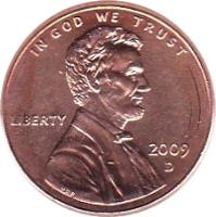 obverse of 1 Cent - Presidency in Washington, D.C. - Lincoln Penny (2009) coin with KM# 444 from United States. Inscription: IN GOD WE TRUST LIBERTY 2009 P