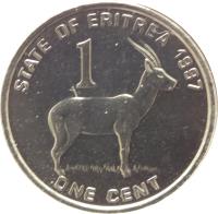 Eritrea coin 1 Cent (1997) reverse reverse of 1 Cent (1997) coin with KM# 43 from Eritrea. Inscription: STATE OF ERITREA 1997 1 ONE CENT