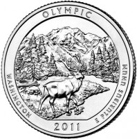 United States coin 1/4 Dollar - Olympic National Park, Washington - Washington Quarter (2011) reverse reverse of 1/4 Dollar - Olympic National Park, Washington - Washington Quarter (2011) coin with KM# 496 from United States. Inscription: OLYMPIC WASHINGTON E PLURIBUS UNUM 2011