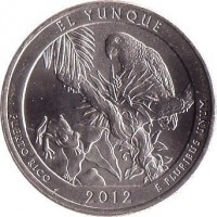 United States coin 1/4 Dollar - El Yunque National Forest, Puerto Rico - Washington Quarter (2012) reverse reverse of 1/4 Dollar - El Yunque National Forest, Puerto Rico - Washington Quarter (2012) coin with KM# 519 from United States. Inscription: EL YUNQUE PUERTO RICO 2012 E PLURIBUS UNUM