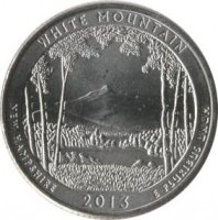 United States coin 1/4 Dollar - White Mountain National Forest, New Hampshire - Washington Quarter (2013) reverse reverse of 1/4 Dollar - White Mountain National Forest, New Hampshire - Washington Quarter (2013) coin with KM# 542 from United States. Inscription: WHITE MOUNTAIN NEW HAMPSHIRE 2013 E PLURIBUS UNUM