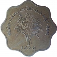 obverse of 5 Đồng (1966) coin with KM# 9 from Vietnam. Inscription: NGÂN-HÀNG QUỐC-GIA VIỆT-NAM 1966