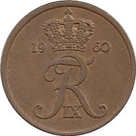 obverse of 5 Øre - Frederik IX (1960 - 1972) coin with KM# 848 from Denmark. Inscription: 19 72 FR IX
