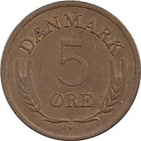 reverse of 5 Øre - Frederik IX (1960 - 1972) coin with KM# 848 from Denmark. Inscription: DANMARK 5 ØRE S♥S