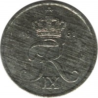 obverse of 1 Øre - Frederik IX (1948 - 1972) coin with KM# 839 from Denmark. Inscription: 19 61 FR IX