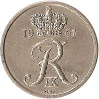 obverse of 25 Øre - Frederik IX (1960 - 1967) coin with KM# 850 from Denmark. Inscription: 19 6ą FR IX C♥S